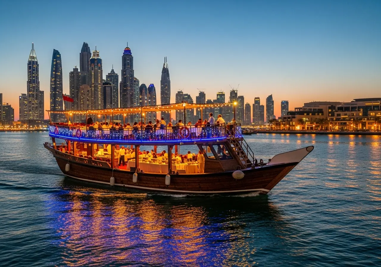 Read more about the article A Voyage Through a Forest of Light: Unlocking the Best Dubai Dhow Cruise Dinner Packages