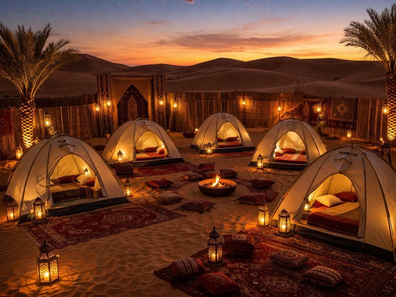 Overnight desert safari in Dubai with a tent among the sand dunes at twilight